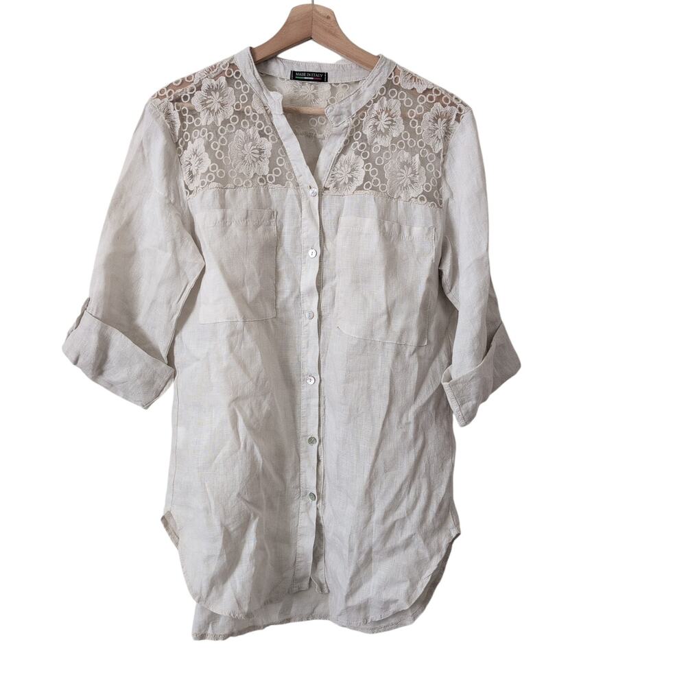 Made in Italy 100% Linen Top Womens‎ Small Button Up Tunic Beige Neutral Lace